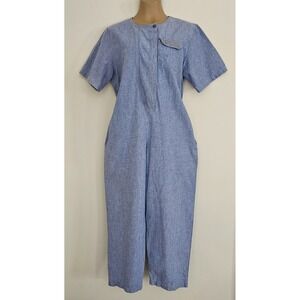 Vtg French Navy Jumpsuit  Blue Chambray Ankle Length Pockets Women's 14P
